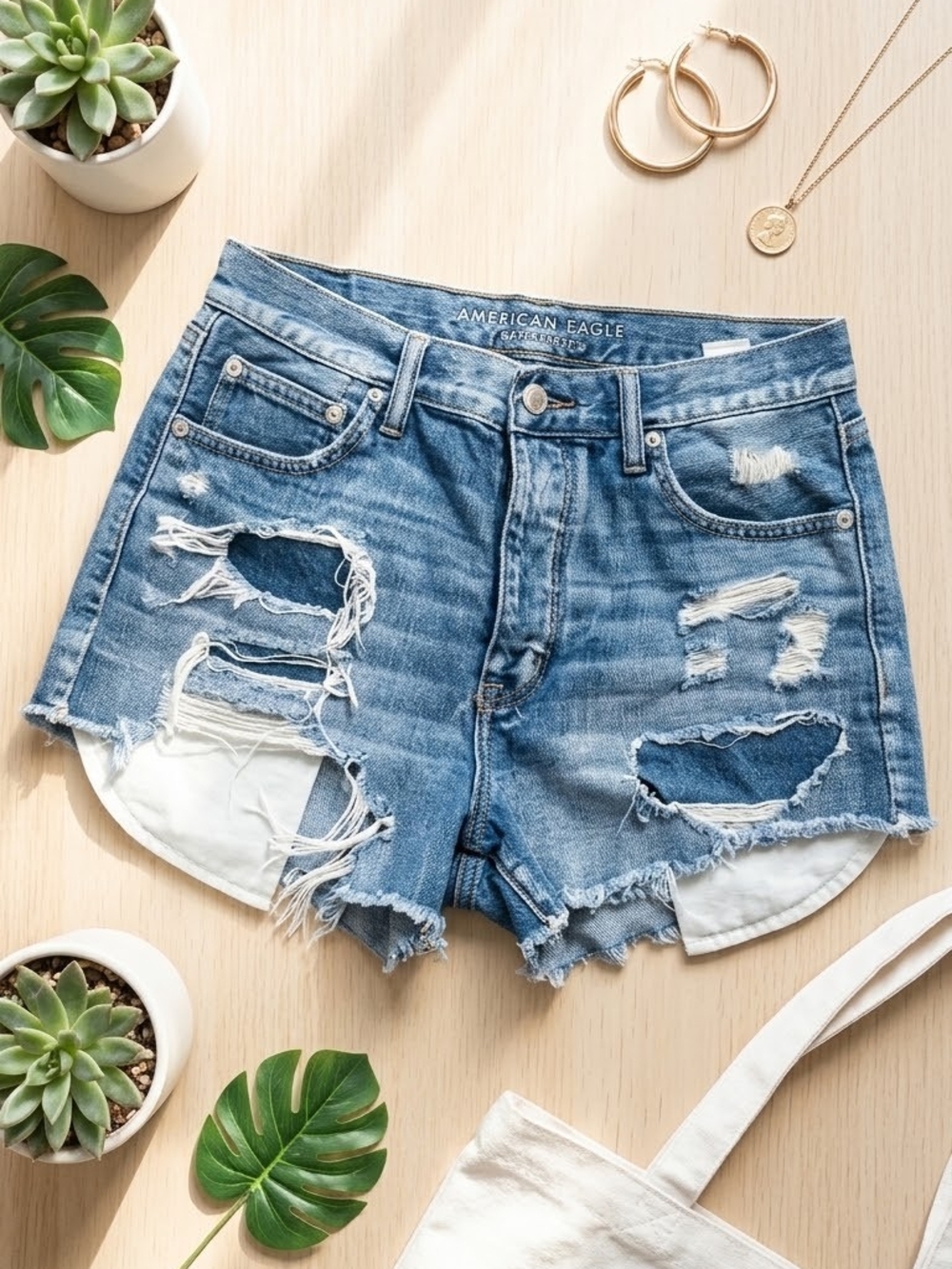 American Eagle Outfitters Distressed Jean Shorts - Medium Blue